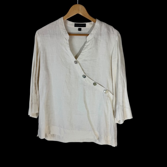 David Dart Ivory 100% Linen Asymmetrical Button 3/4 Sleeve Tunic Sz L - Picture 1 of 6